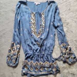 Elegant Blue and Gold Women's Silk Top